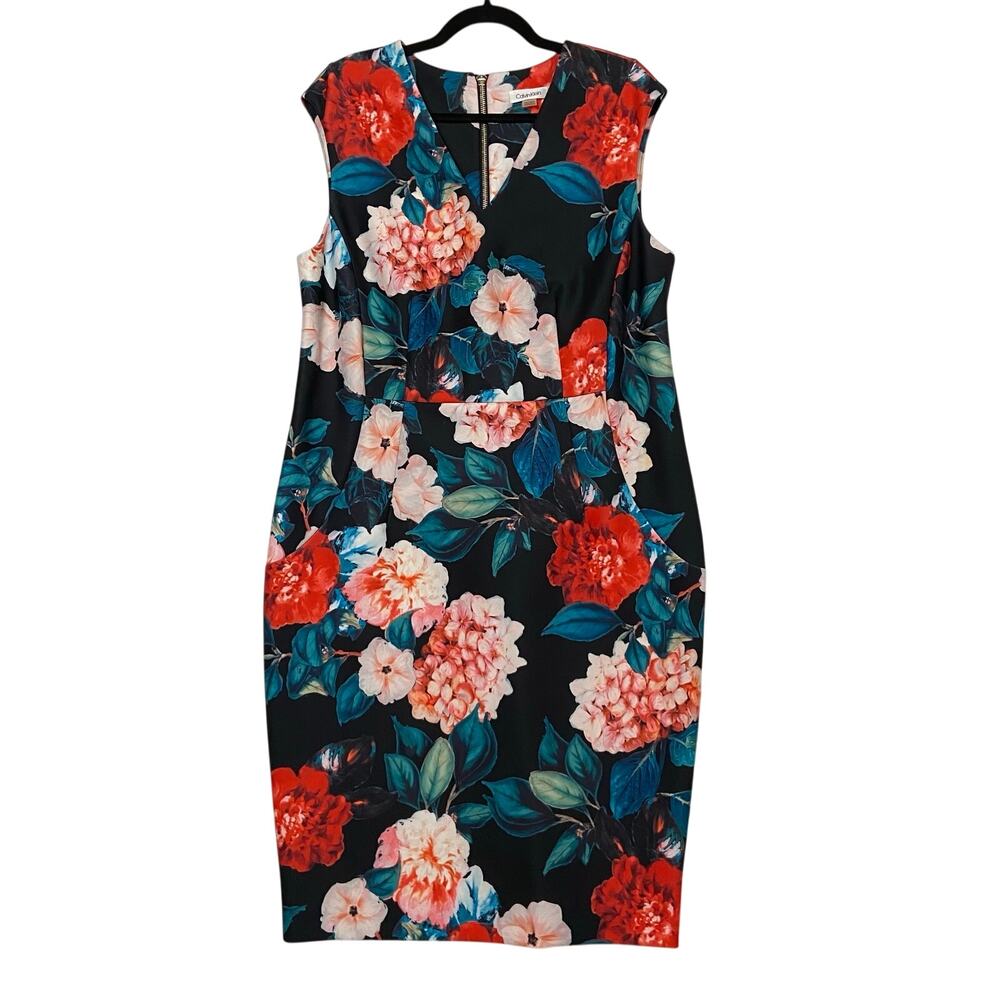Calvin Klein Black Floral Scuba Stretch Sheath Dress 14W Church Career